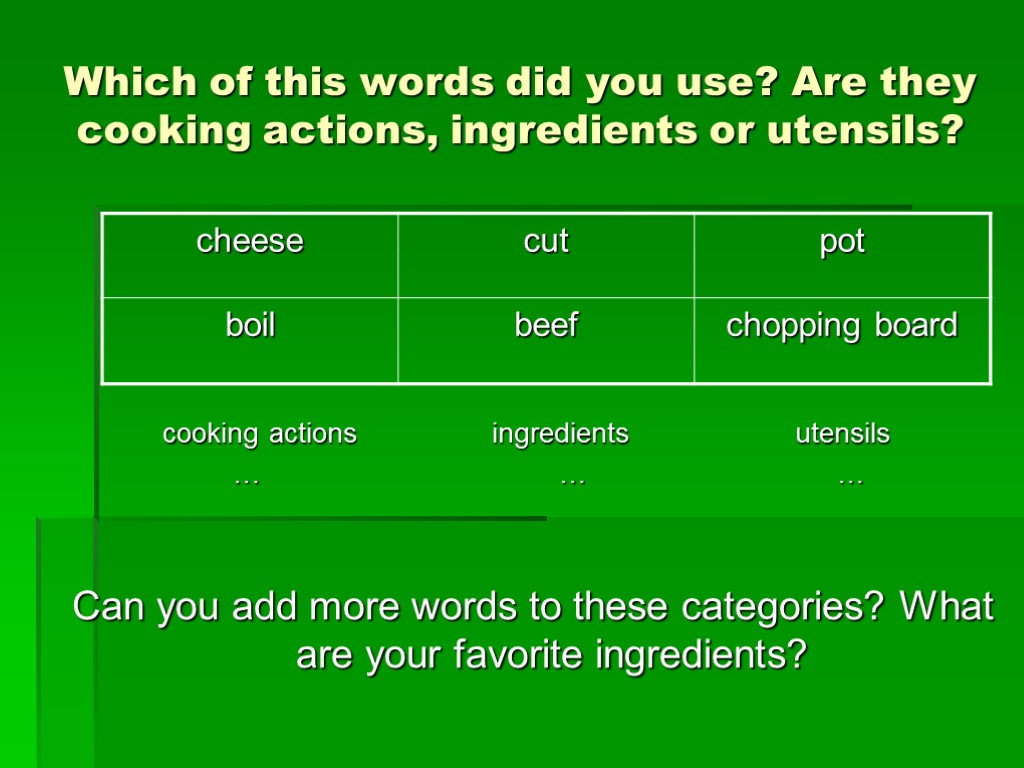 Which of this words did you use? Are they cooking actions, ingredients or utensils?